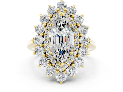 Yellow gold Marquise Cut Halo Cluster Diamond Ring with Pave Band and Four-Prong Setting
