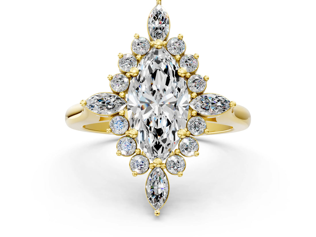 Yellow gold Marquise Cut Halo Diamond Cluster Ring with Marquise and Round Stones on a White Gold Band with Prong Setting_9