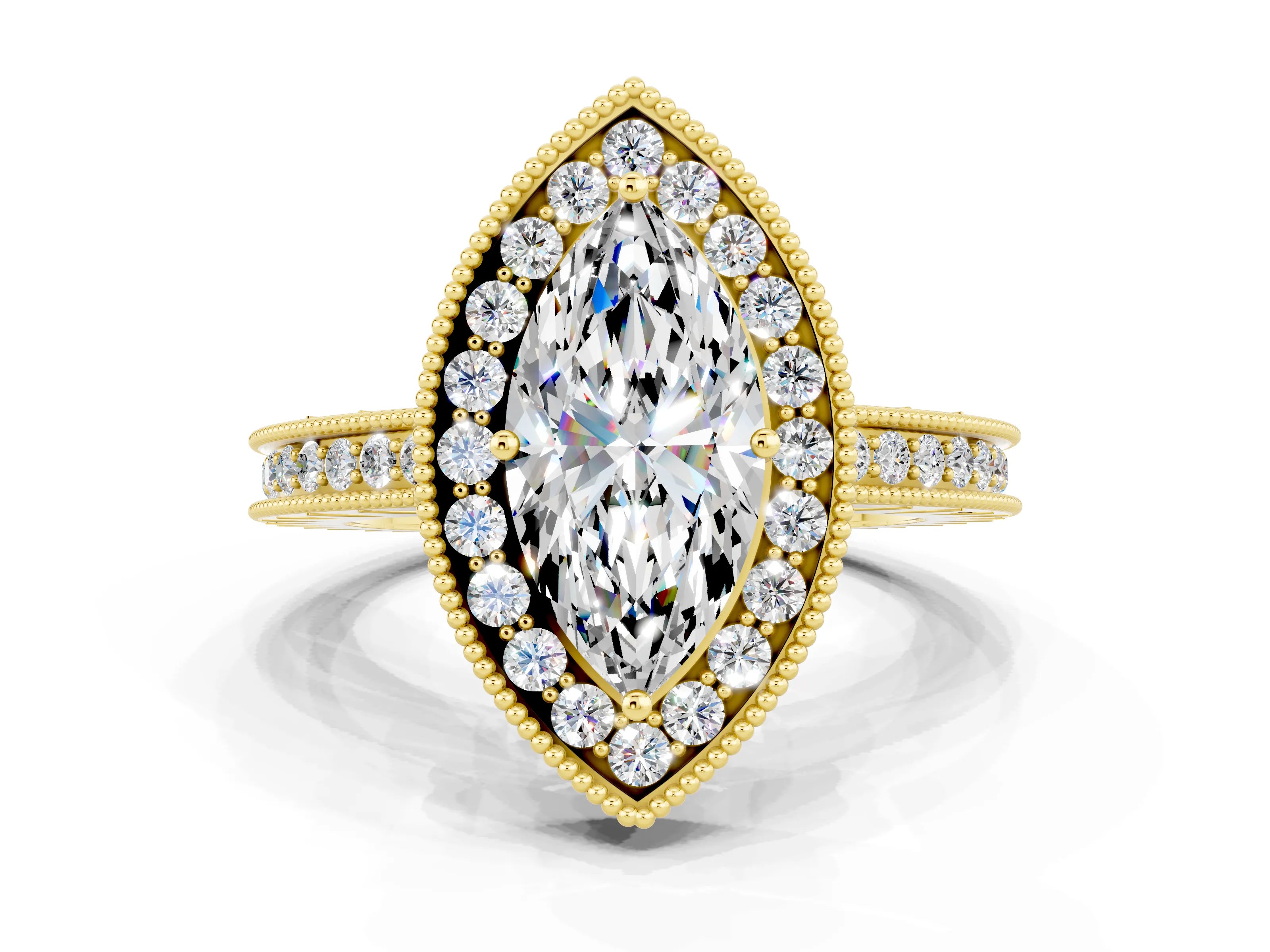 Yellow gold Marquise Cut Halo Diamond Engagement Ring with Milgrain Pave Band and Four-Prong Setting