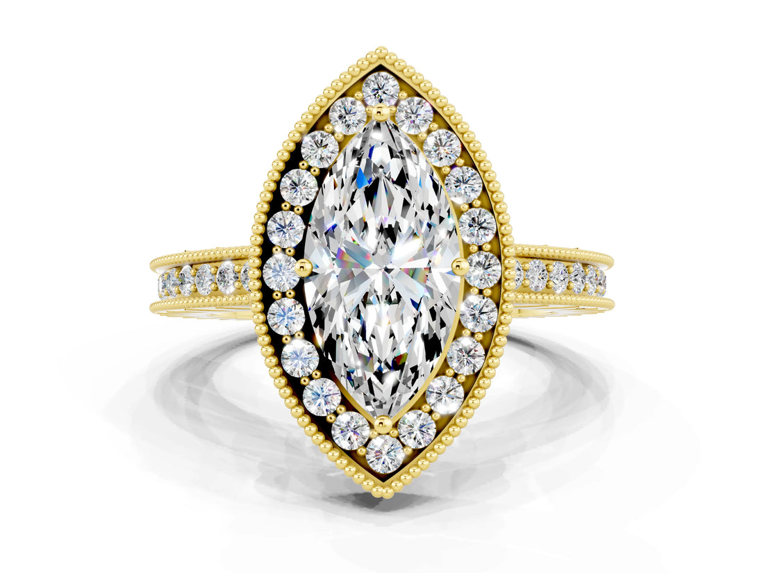 Yellow gold Marquise Cut Halo Diamond Engagement Ring with Milgrain Pave Band and Four-Prong Setting