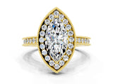 Yellow gold Marquise Cut Halo Diamond Engagement Ring with Milgrain Pave Band and Four-Prong Setting