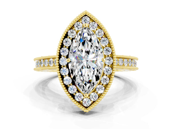 Yellow gold Marquise Cut Halo Diamond Engagement Ring with Milgrain Pave Band and Four-Prong Setting