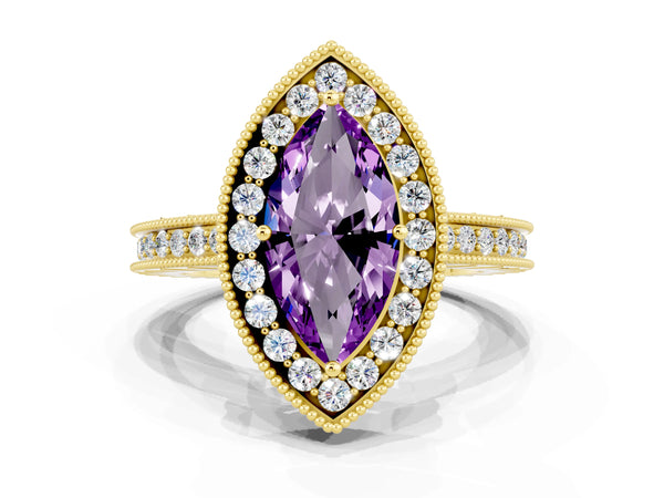 Yellow gold Marquise Cut Amethyst Milgrain Halo Engagement Ring with Round Pavé Band and Prong Setting