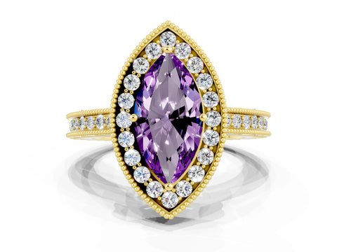 Yellow gold Marquise Cut Halo Diamond Engagement Ring with Milgrain Pave Band and Four-Prong Setting
