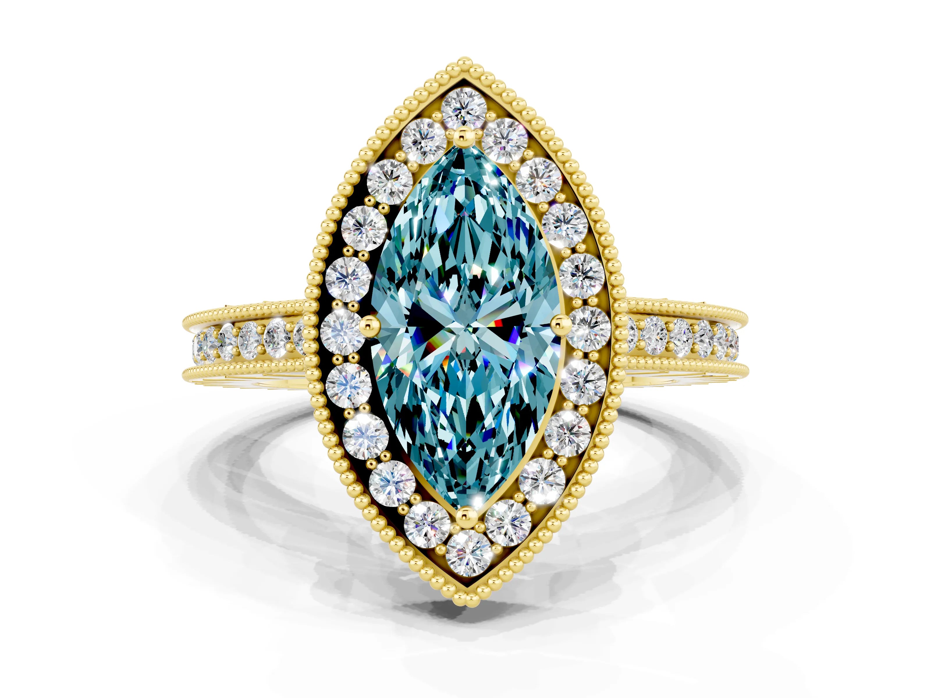 Yellow gold Marquise Cut Halo Diamond Engagement Ring with Milgrain Pave Band and Four-Prong Setting