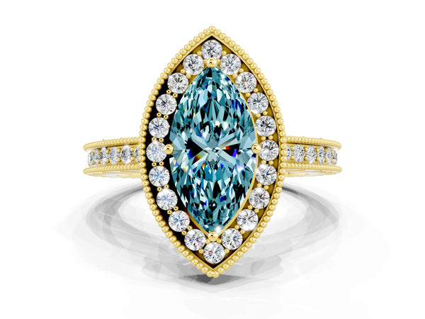 Yellow gold Marquise Cut Halo Diamond Engagement Ring with Milgrain Pave Band and Four-Prong Setting