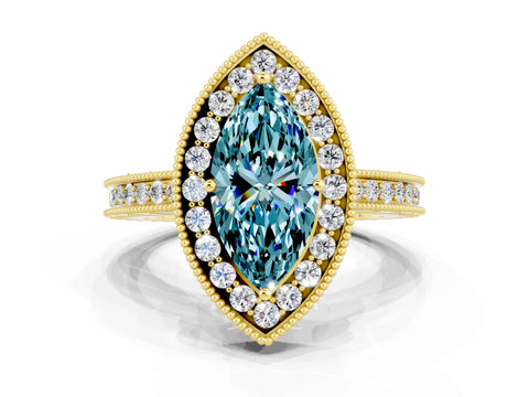 Yellow gold Marquise Cut Halo Diamond Engagement Ring with Milgrain Pave Band and Four-Prong Setting