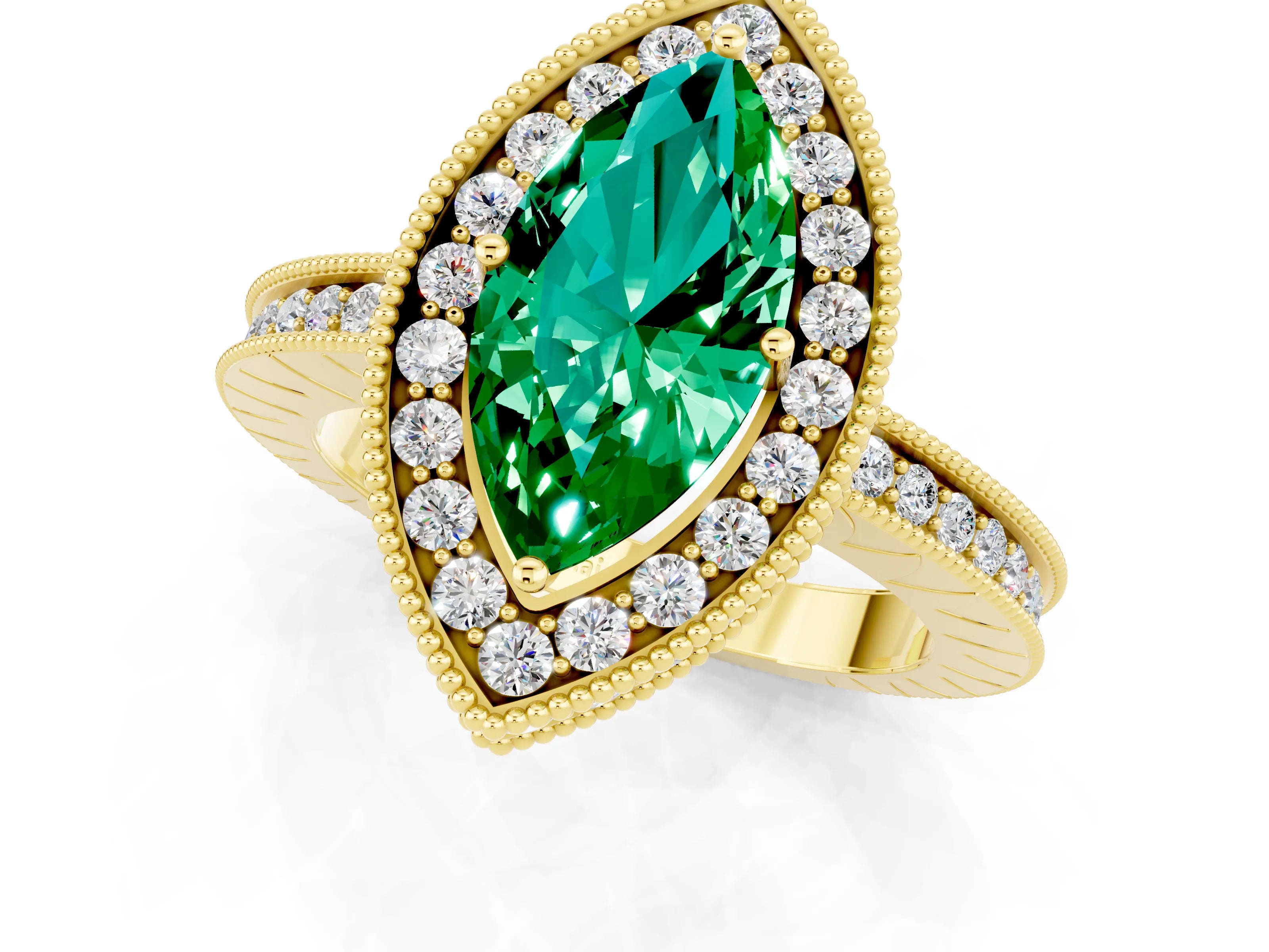 Yellow gold Marquise Cut Halo Diamond Engagement Ring with Milgrain Pave Band and Four-Prong Setting_1