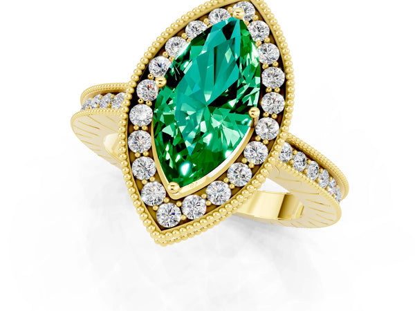 Yellow gold Marquise Cut Halo Diamond Engagement Ring with Milgrain Pave Band and Four-Prong Setting