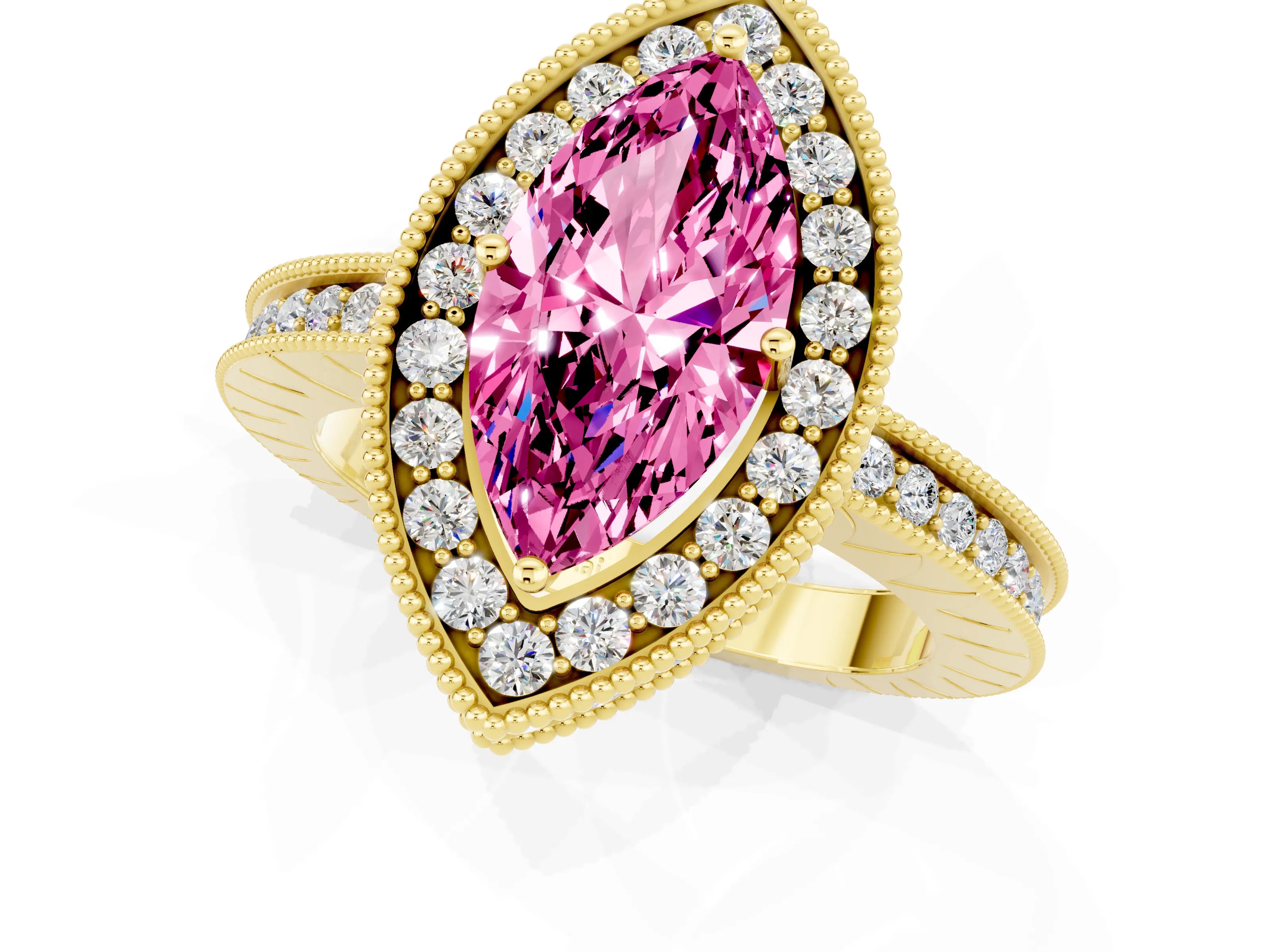 Yellow gold Marquise Cut Halo Diamond Engagement Ring with Milgrain Pave Band and Four-Prong Setting_1