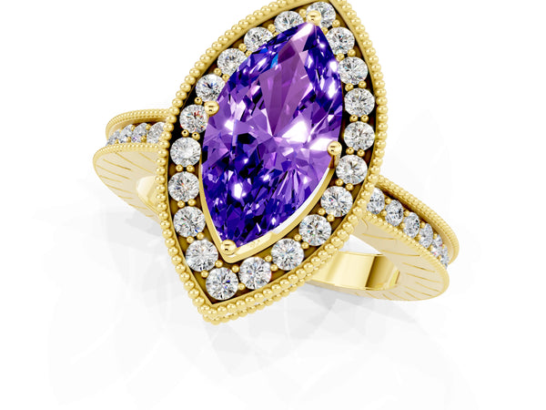Yellow gold Marquise Cut Halo Diamond Engagement Ring with Milgrain Pave Band and Four-Prong Setting