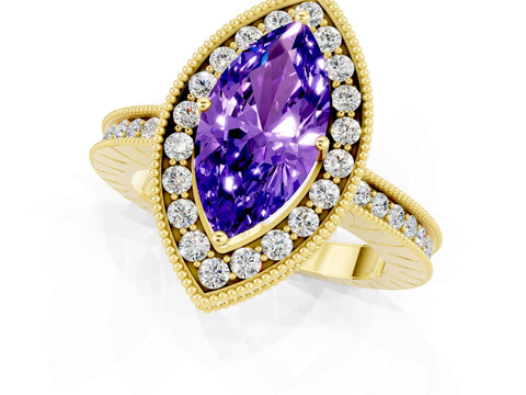 Yellow gold Marquise Cut Halo Diamond Engagement Ring with Milgrain Pave Band and Four-Prong Setting_1