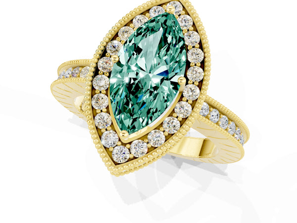 Yellow gold Marquise Cut Halo Diamond Engagement Ring with Milgrain Pave Band and Four-Prong Setting