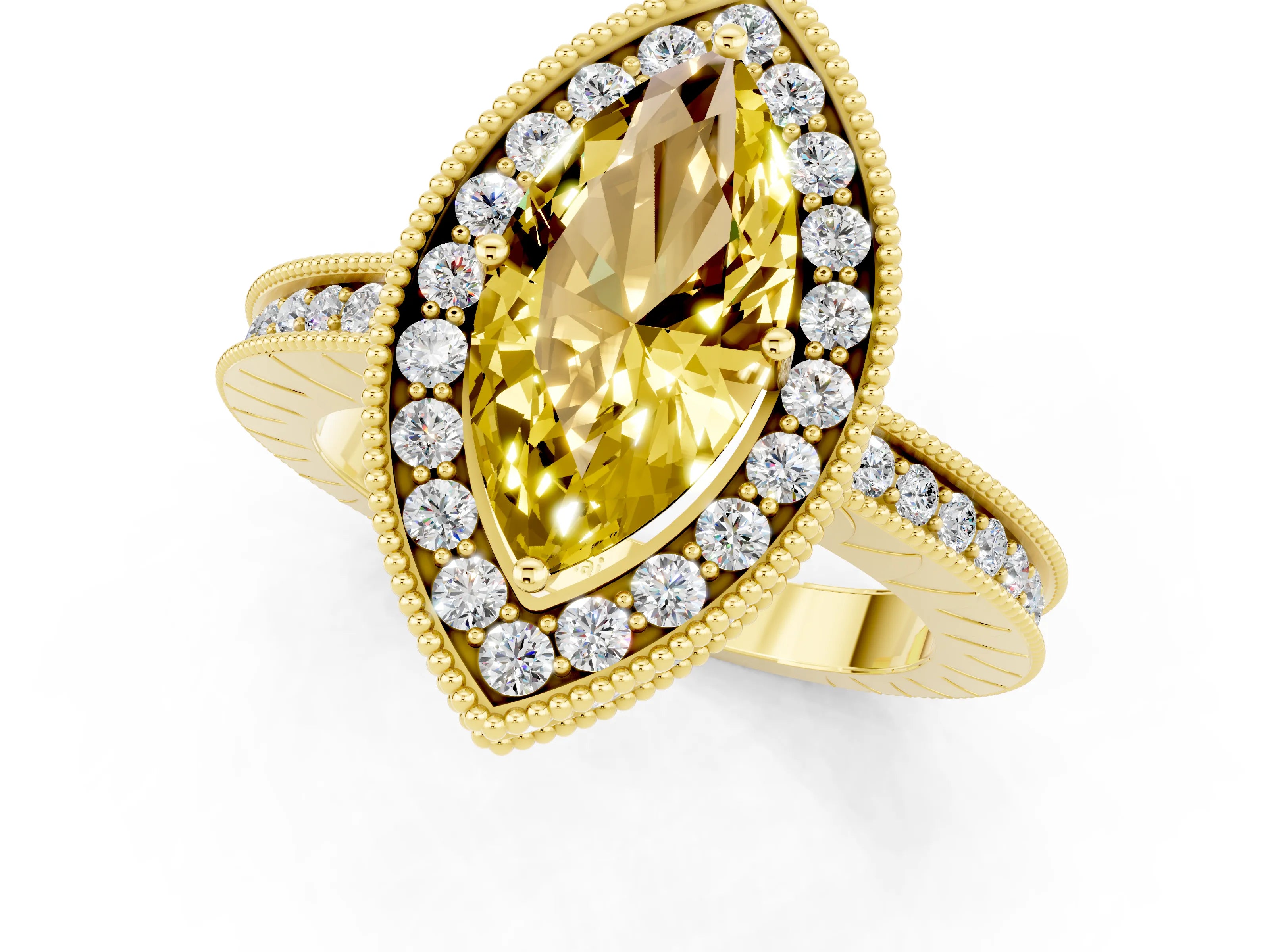 Yellow gold Marquise Cut Halo Diamond Engagement Ring with Milgrain Pave Band and Four-Prong Setting_1