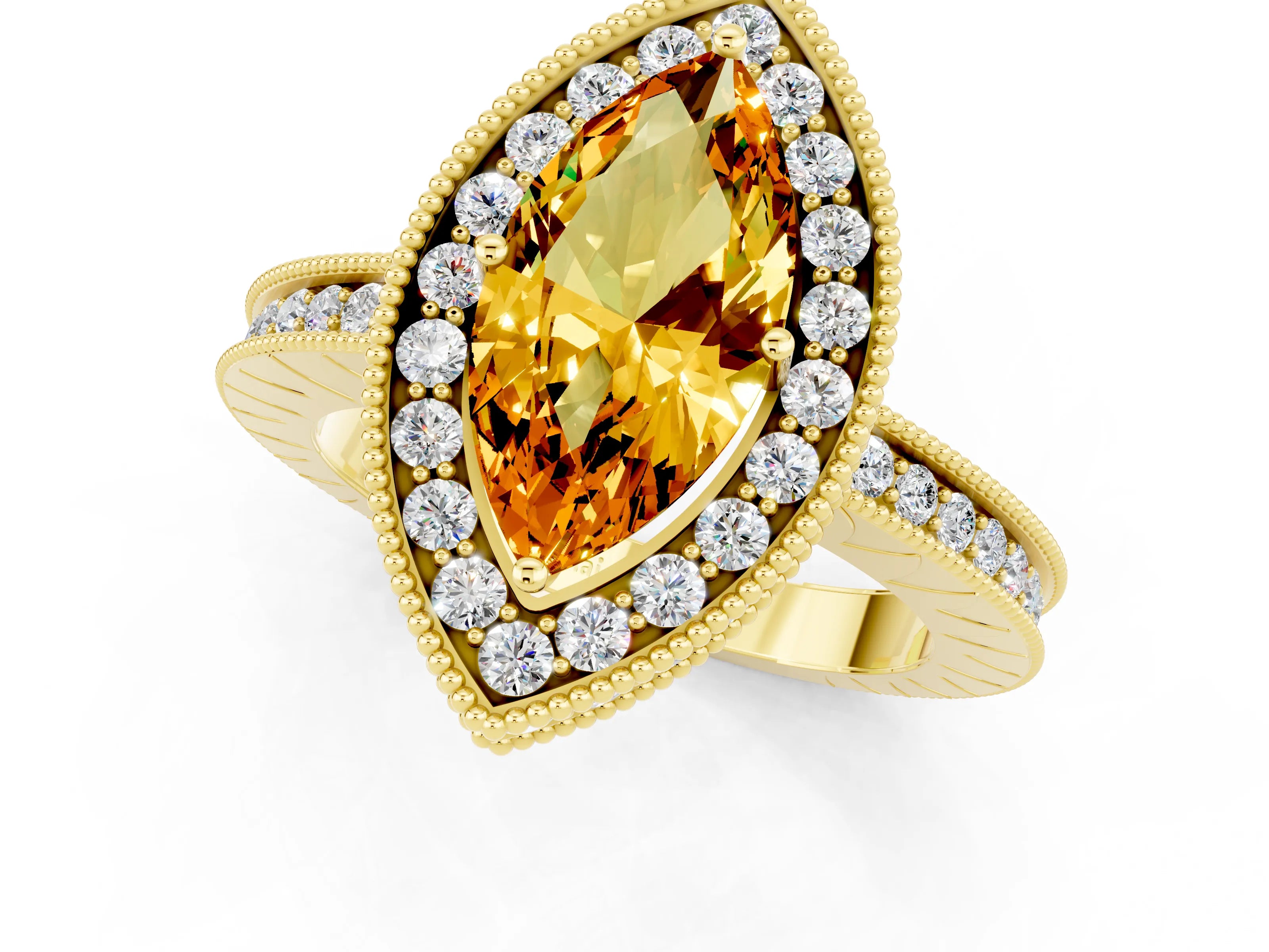 Yellow gold Marquise Cut Halo Diamond Engagement Ring with Milgrain Pave Band and Four-Prong Setting_1
