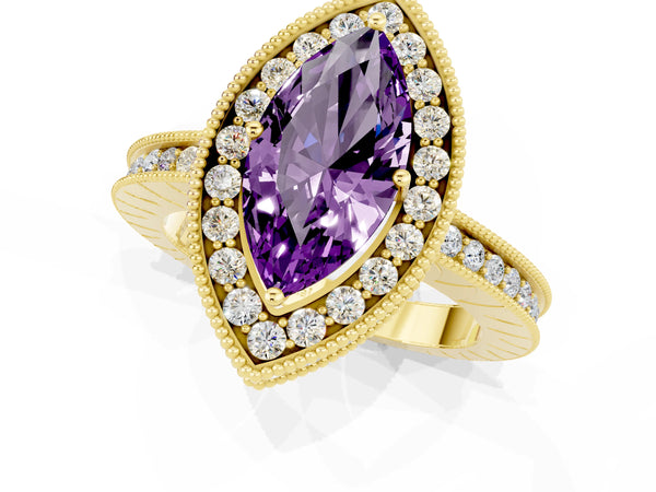 Yellow gold Marquise Cut Amethyst Milgrain Halo Engagement Ring with Round Pavé Band and Prong Setting