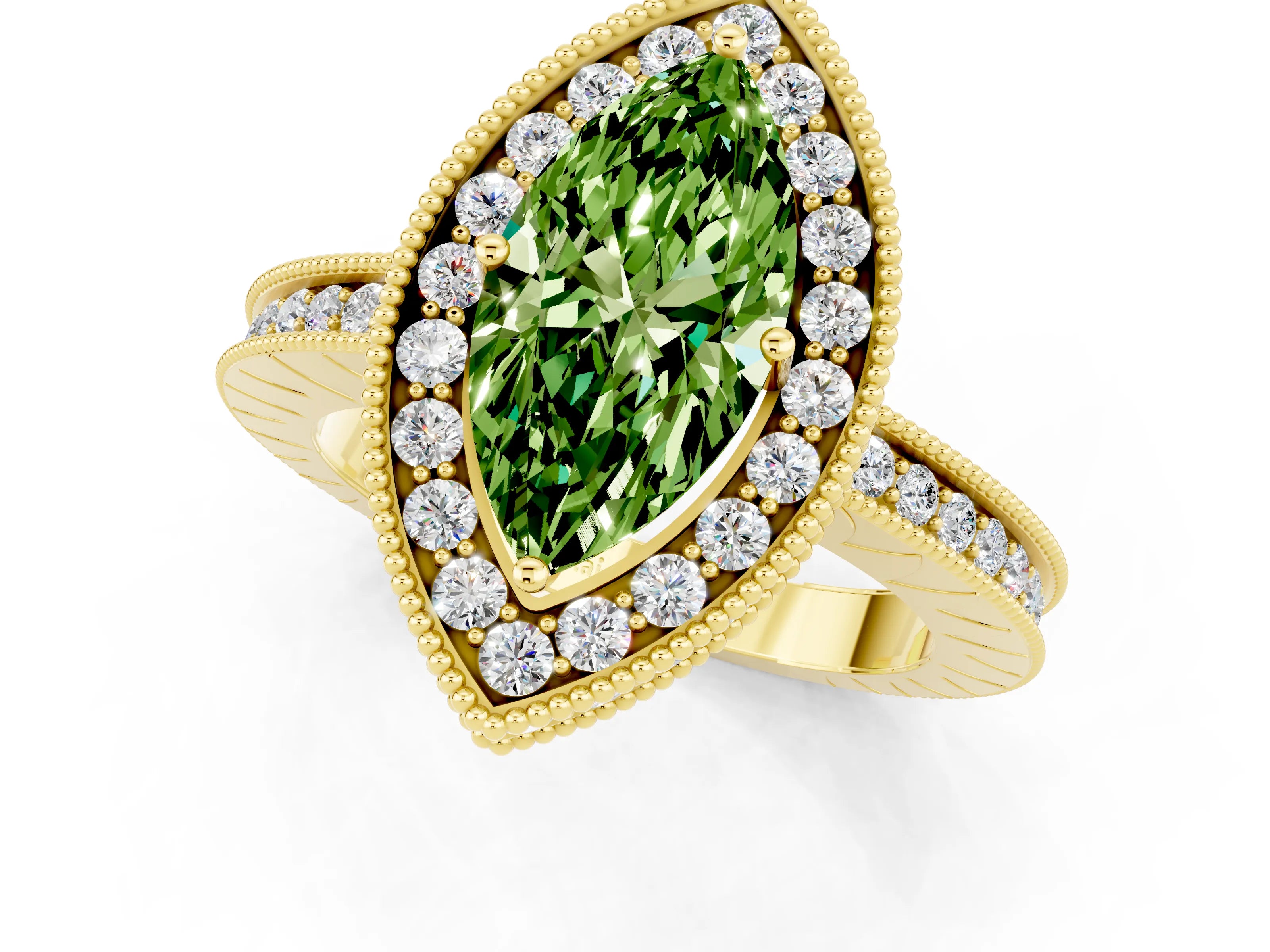 Yellow gold Marquise Cut Halo Diamond Engagement Ring with Milgrain Pave Band and Four-Prong Setting_1