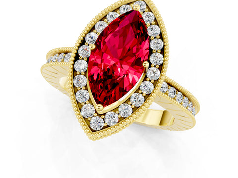 Yellow gold Marquise Cut Halo Diamond Engagement Ring with Milgrain Pave Band and Four-Prong Setting_1