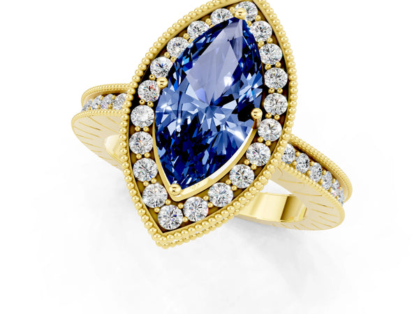 Yellow gold Marquise Cut Halo Diamond Engagement Ring with Milgrain Pave Band and Four-Prong Setting