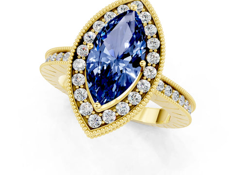Yellow gold Marquise Cut Halo Diamond Engagement Ring with Milgrain Pave Band and Four-Prong Setting_1