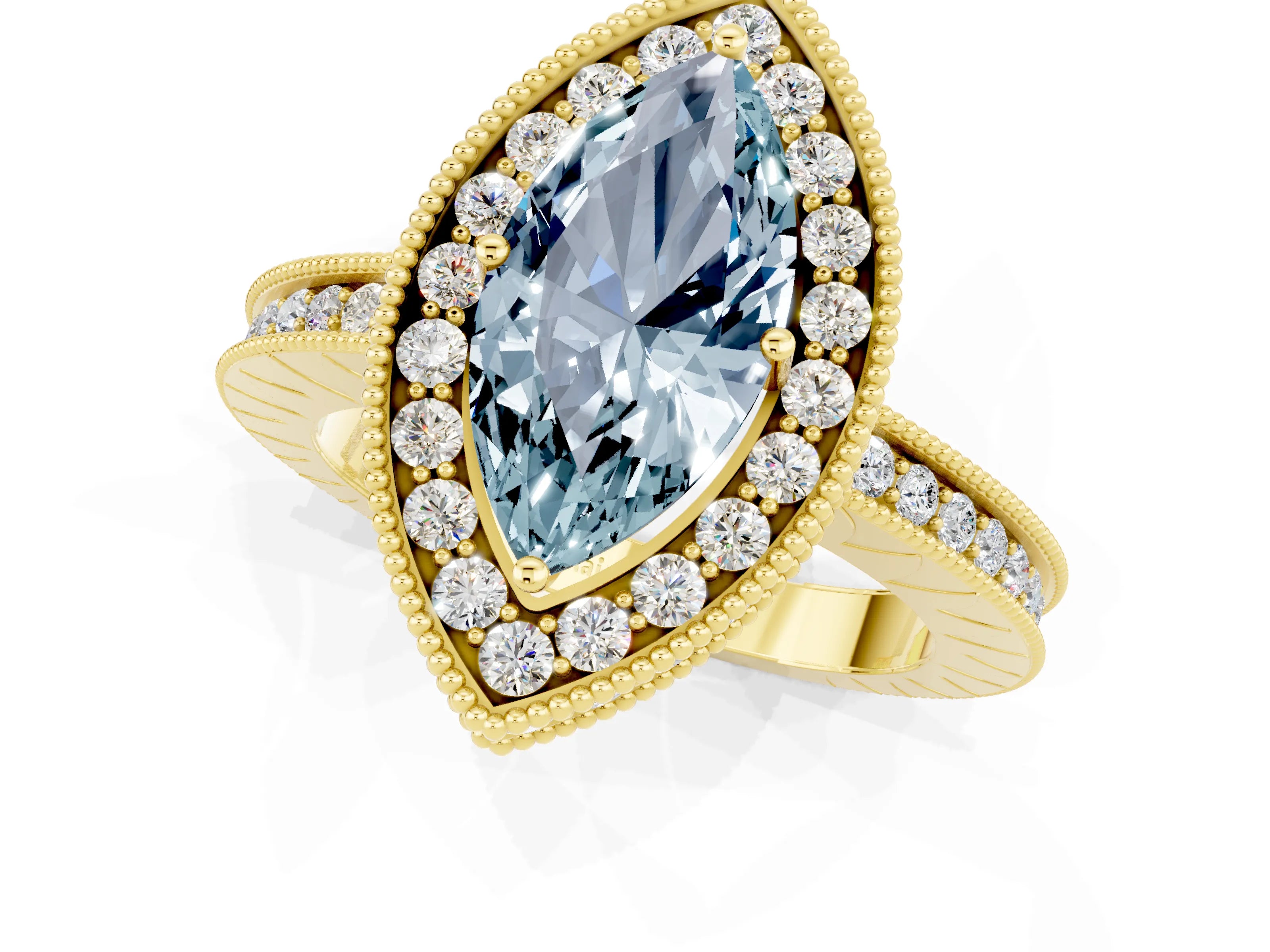 Yellow gold Marquise Cut Halo Diamond Engagement Ring with Milgrain Pave Band and Four-Prong Setting_1