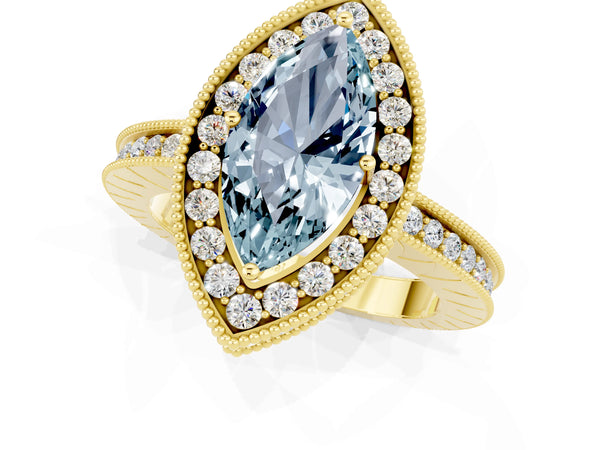 Yellow gold Marquise Cut Halo Diamond Engagement Ring with Milgrain Pave Band and Four-Prong Setting