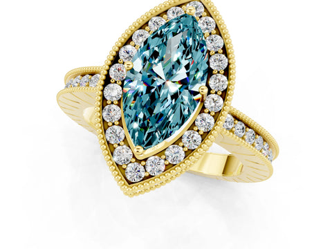 Yellow gold Marquise Cut Halo Diamond Engagement Ring with Milgrain Pave Band and Four-Prong Setting_1