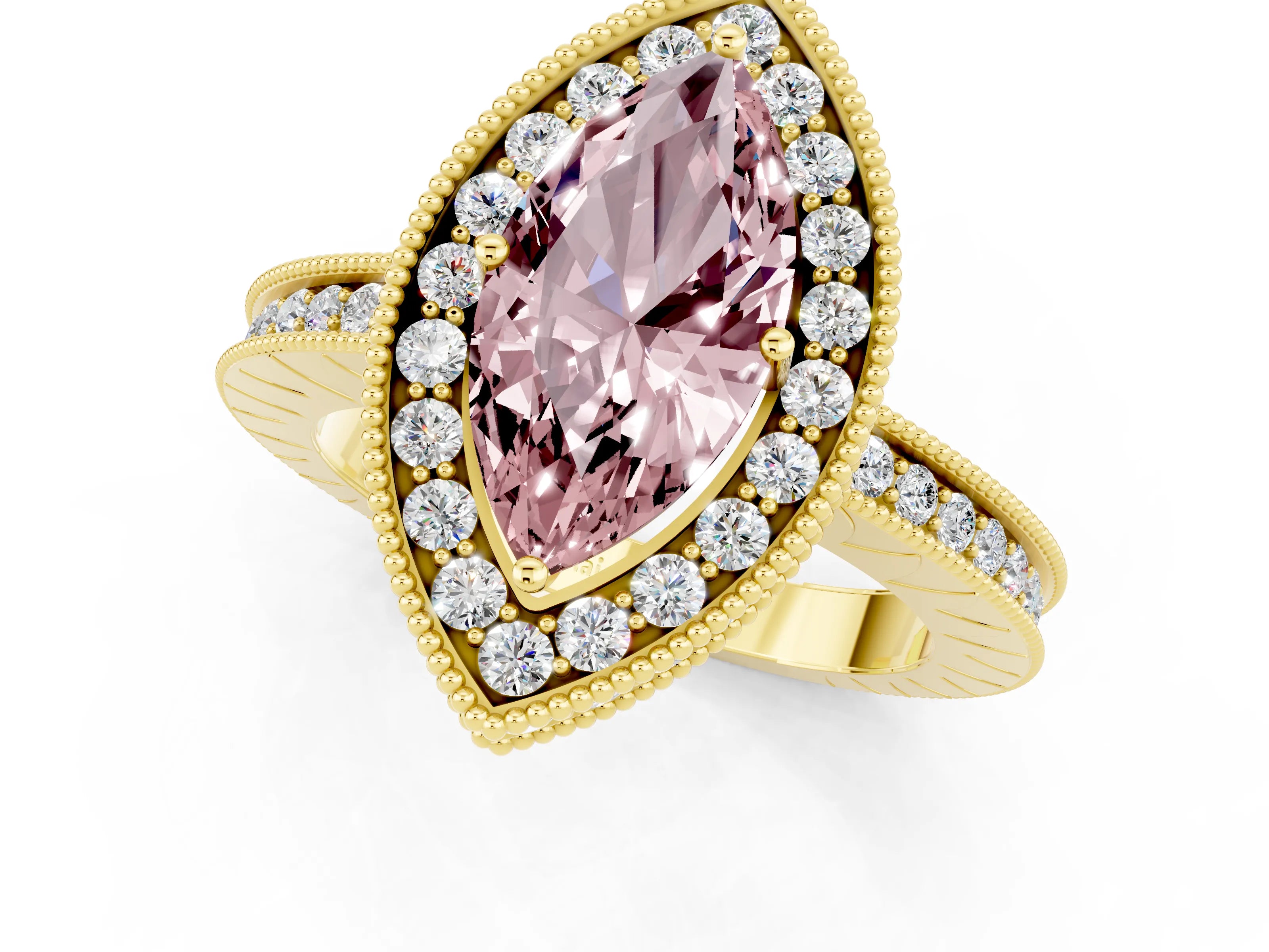 Yellow gold Marquise Cut Halo Diamond Engagement Ring with Milgrain Pave Band and Four-Prong Setting_1