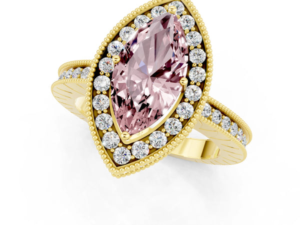 Yellow gold Marquise Cut Halo Diamond Engagement Ring with Milgrain Pave Band and Four-Prong Setting