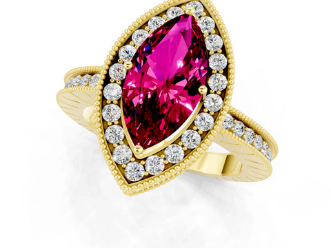Yellow gold Marquise Cut Halo Diamond Engagement Ring with Milgrain Pave Band and Four-Prong Setting_1