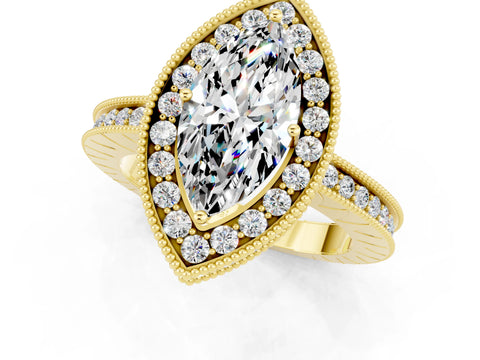 Yellow gold Marquise Cut Halo Diamond Engagement Ring with Milgrain Pave Band and Four-Prong Setting_1