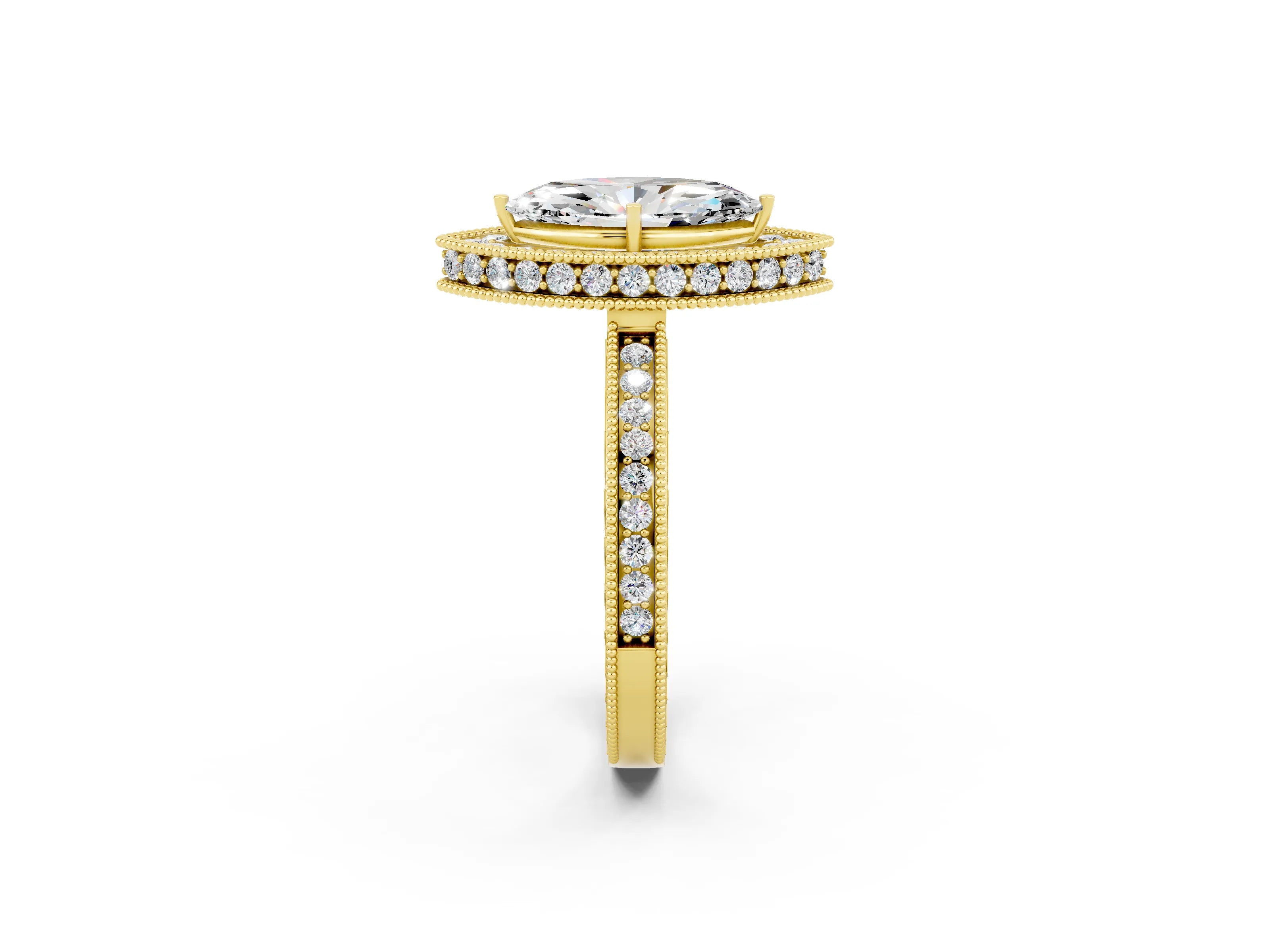 Yellow gold Marquise Cut Halo Diamond Engagement Ring with Milgrain Pave Band and Four-Prong Setting_2
