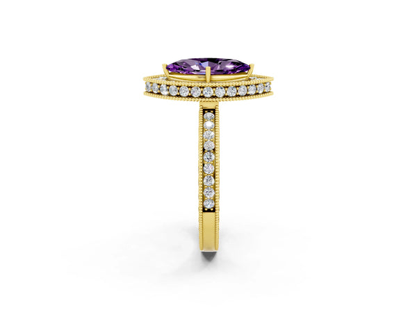 Yellow gold Marquise Cut Amethyst Milgrain Halo Engagement Ring with Round Pavé Band and Prong Setting