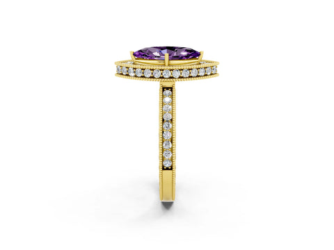 Yellow gold Marquise Cut Halo Diamond Engagement Ring with Milgrain Pave Band and Four-Prong Setting_2