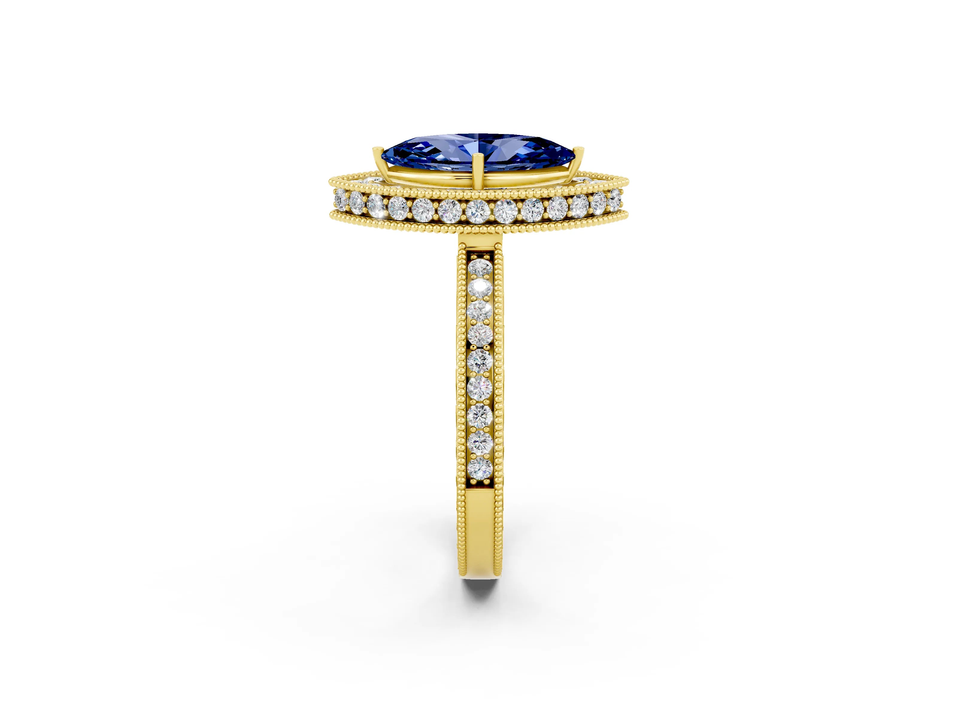 Yellow gold Marquise Cut Halo Diamond Engagement Ring with Milgrain Pave Band and Four-Prong Setting_2
