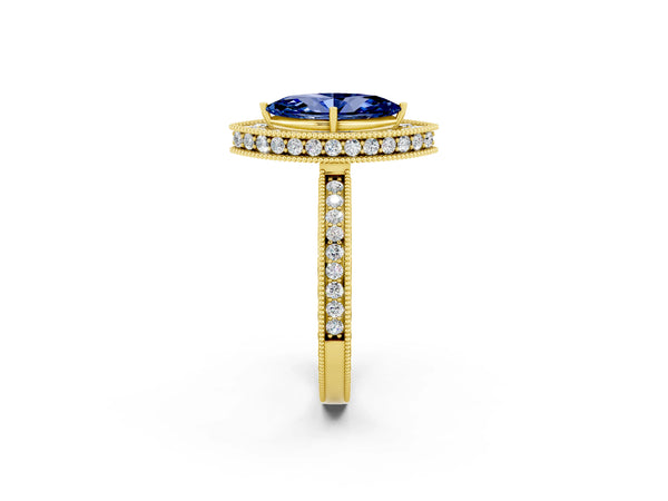 Yellow gold Marquise Cut Halo Diamond Engagement Ring with Milgrain Pave Band and Four-Prong Setting