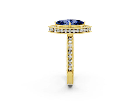 Yellow gold Marquise Cut Halo Diamond Engagement Ring with Milgrain Pave Band and Four-Prong Setting_2