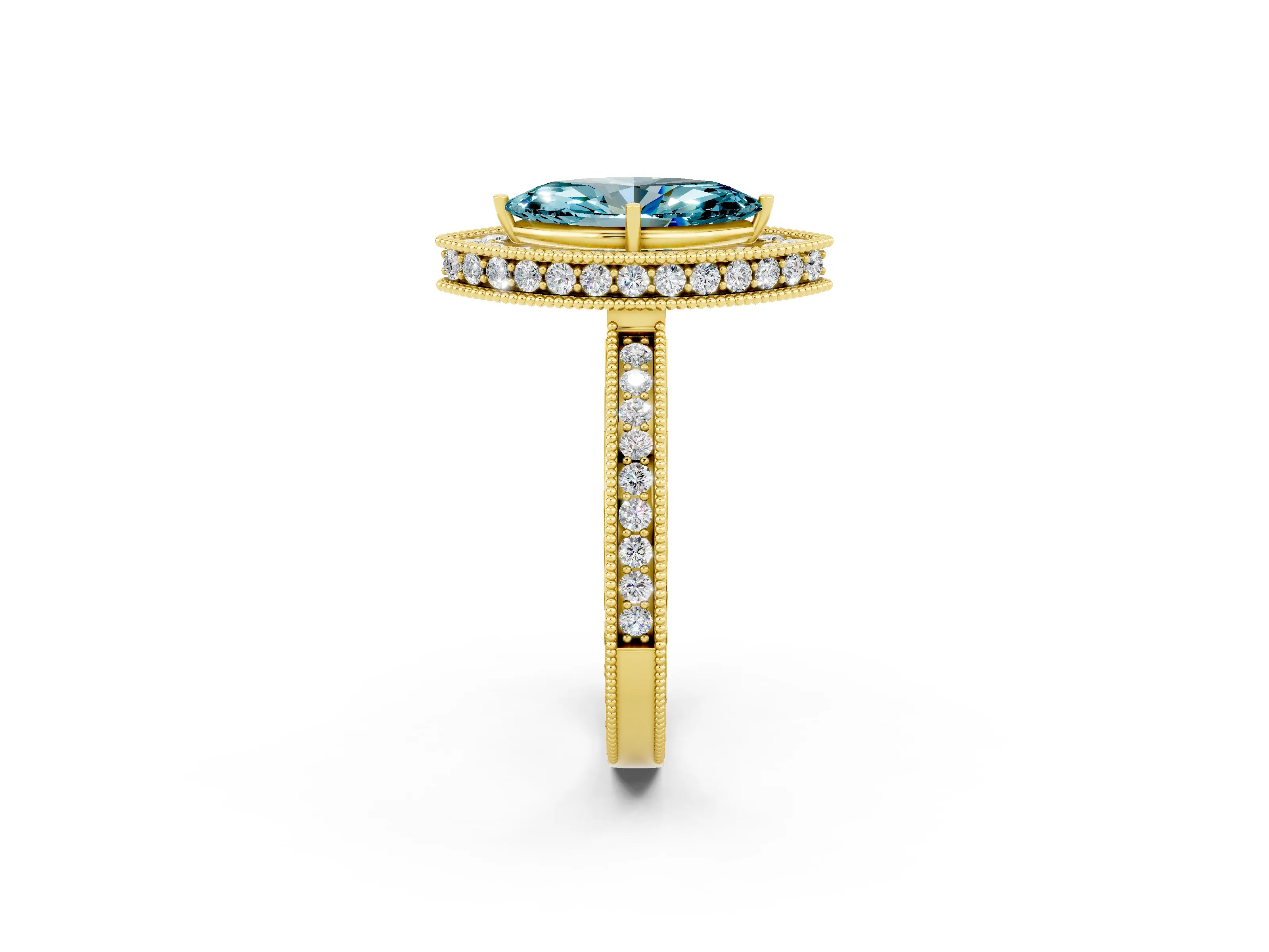 Yellow gold Marquise Cut Halo Diamond Engagement Ring with Milgrain Pave Band and Four-Prong Setting_2