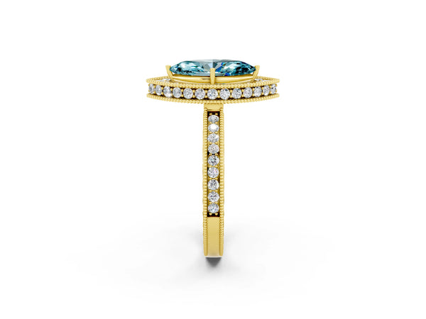 Yellow gold Marquise Cut Halo Diamond Engagement Ring with Milgrain Pave Band and Four-Prong Setting
