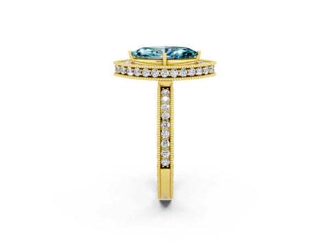 Yellow gold Marquise Cut Halo Diamond Engagement Ring with Milgrain Pave Band and Four-Prong Setting_2