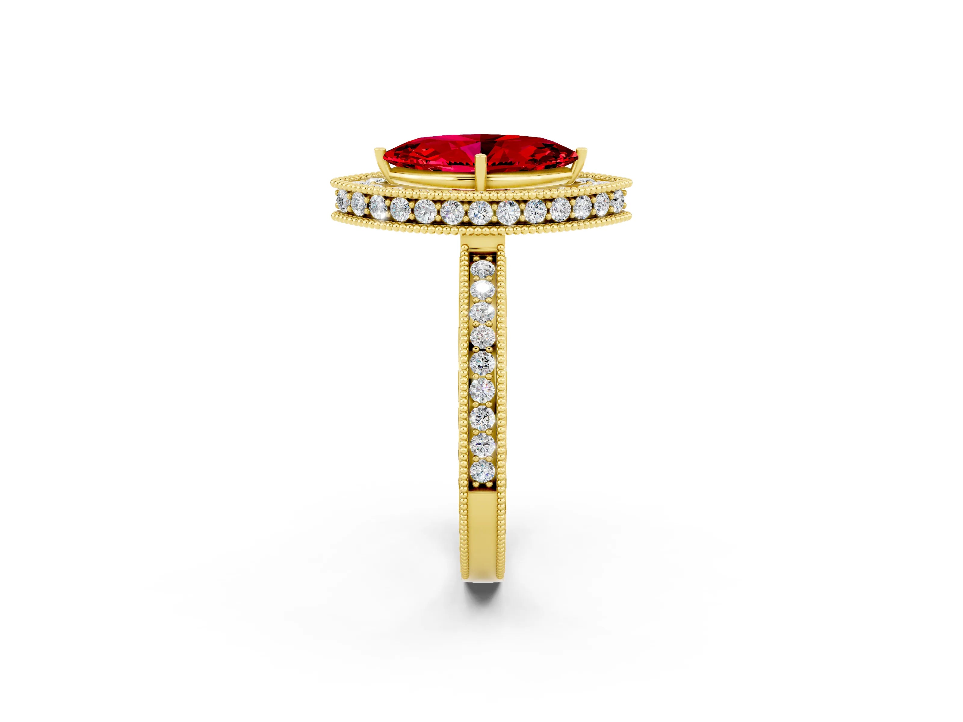 Yellow gold Marquise Cut Halo Diamond Engagement Ring with Milgrain Pave Band and Four-Prong Setting_2