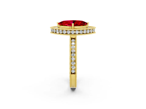 Yellow gold Marquise Cut Halo Diamond Engagement Ring with Milgrain Pave Band and Four-Prong Setting_2