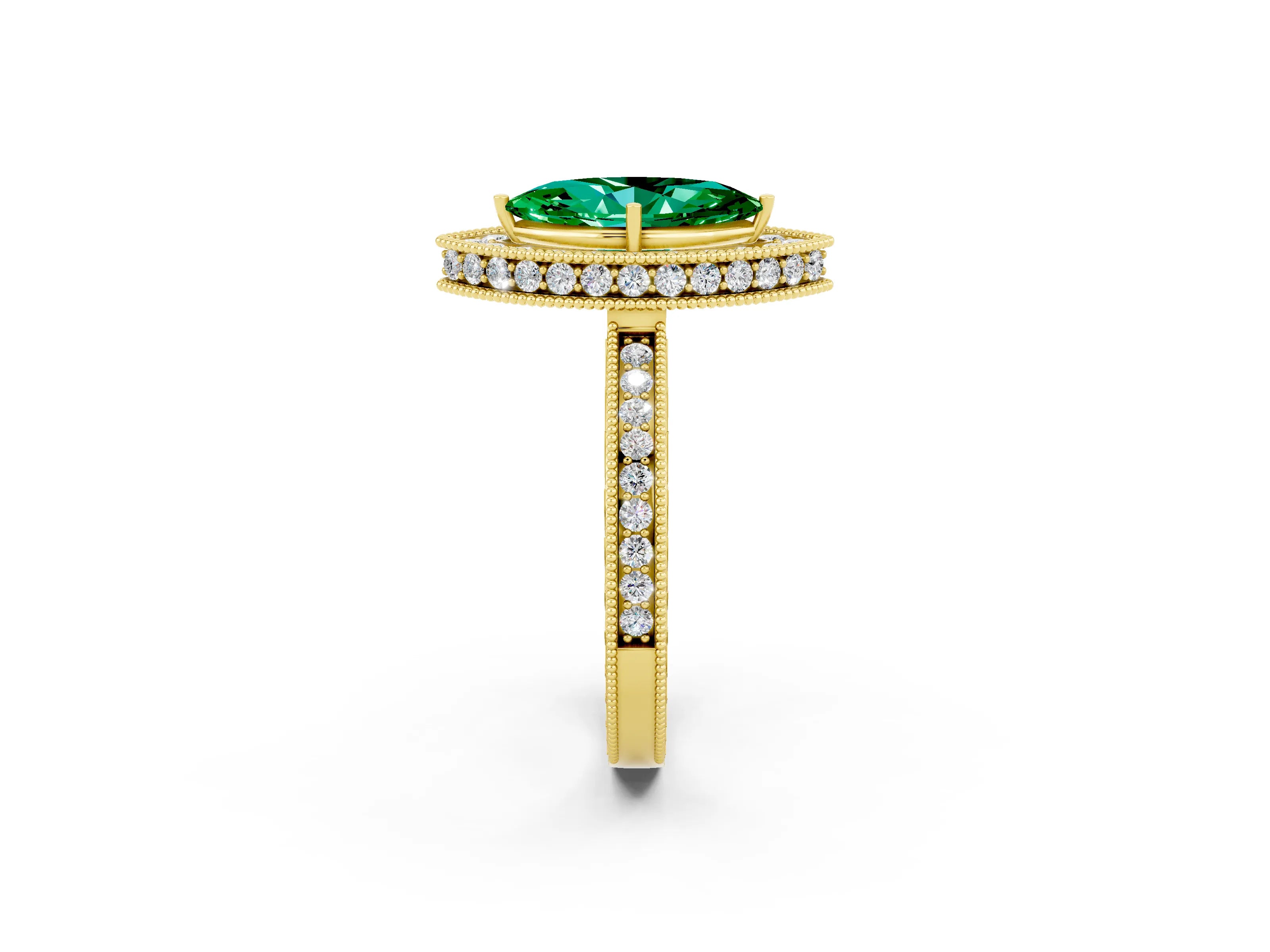 Yellow gold Marquise Cut Halo Diamond Engagement Ring with Milgrain Pave Band and Four-Prong Setting_2