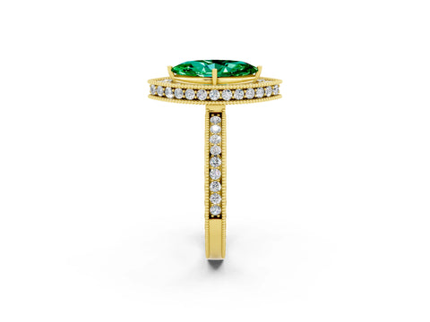 Yellow gold Marquise Cut Halo Diamond Engagement Ring with Milgrain Pave Band and Four-Prong Setting_2