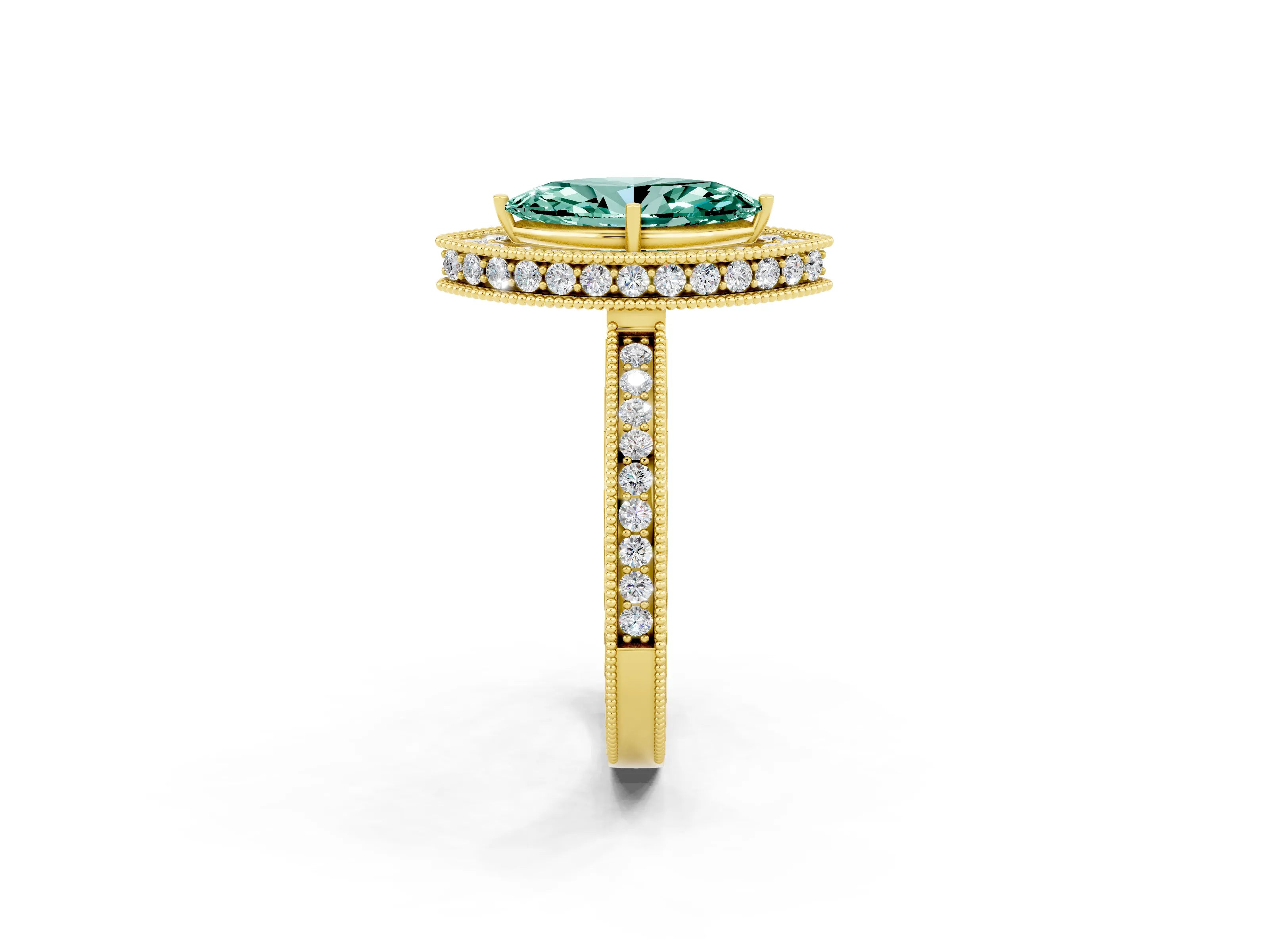 Yellow gold Marquise Cut Halo Diamond Engagement Ring with Milgrain Pave Band and Four-Prong Setting_2