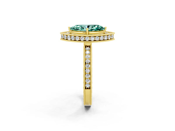 Yellow gold Marquise Cut Halo Diamond Engagement Ring with Milgrain Pave Band and Four-Prong Setting