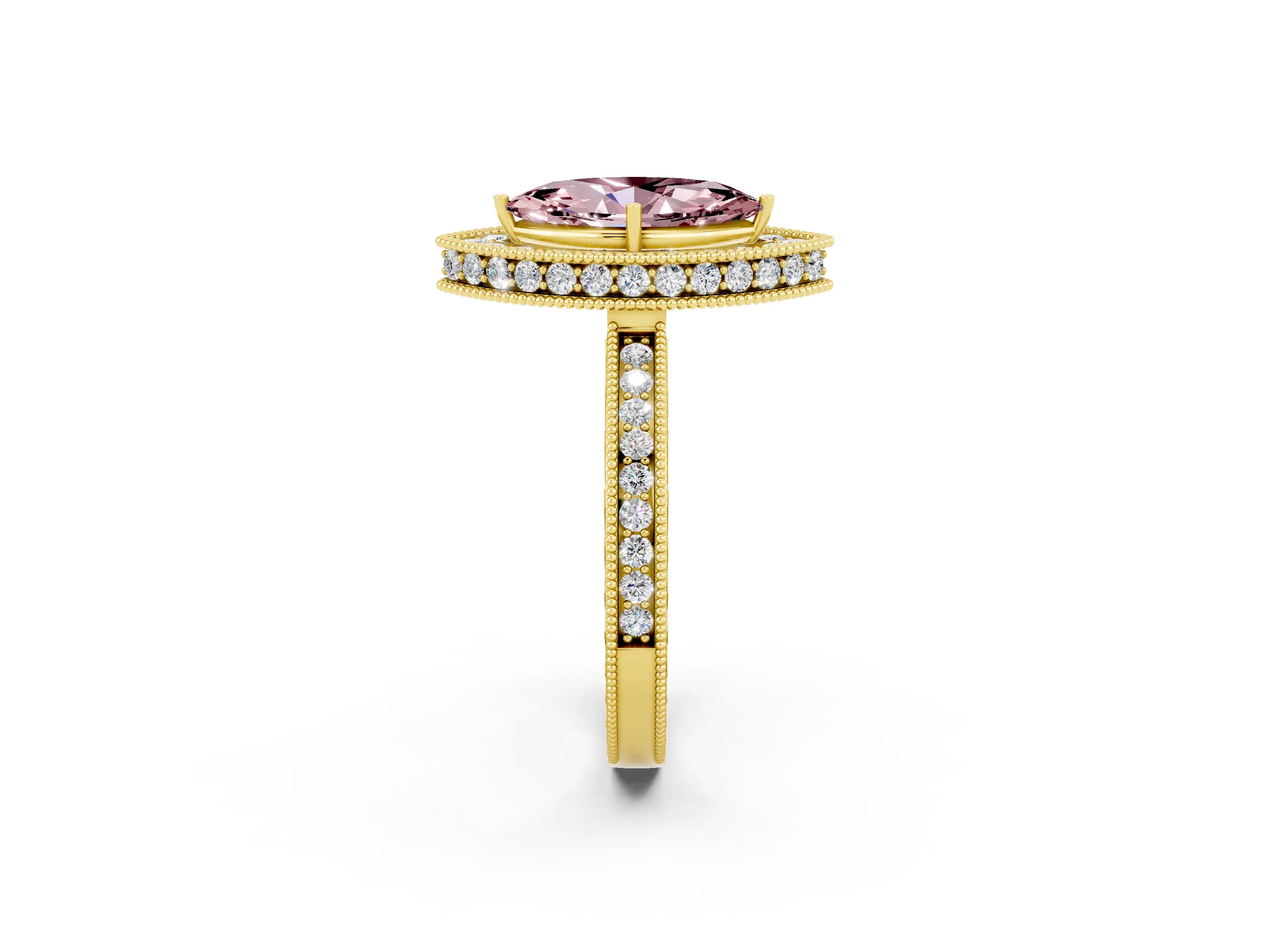 Yellow gold Marquise Cut Halo Diamond Engagement Ring with Milgrain Pave Band and Four-Prong Setting_2