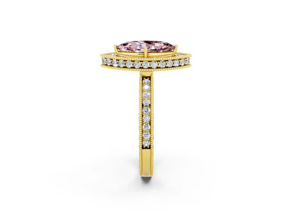 Yellow gold Marquise Cut Halo Diamond Engagement Ring with Milgrain Pave Band and Four-Prong Setting