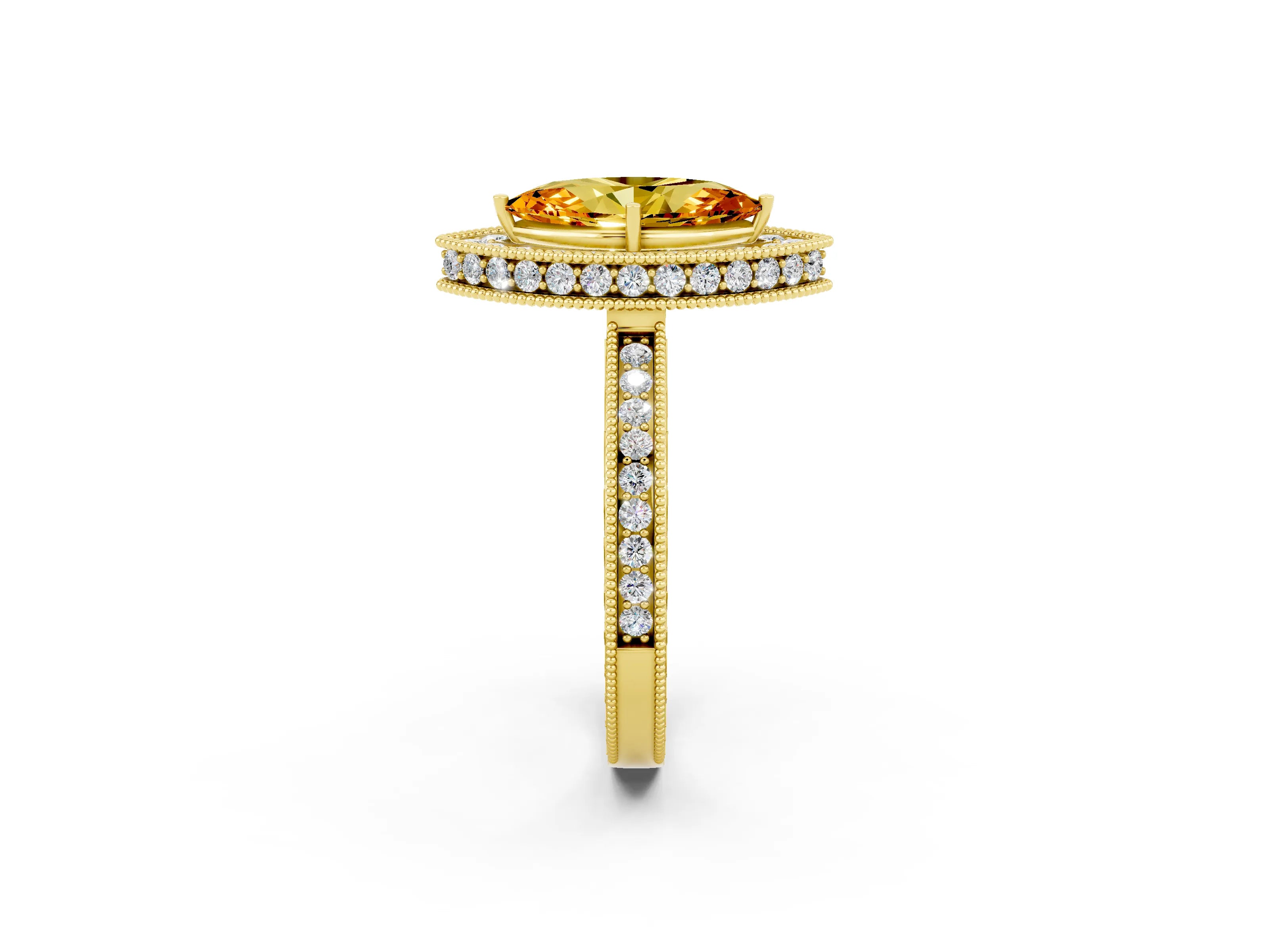 Yellow gold Marquise Cut Halo Diamond Engagement Ring with Milgrain Pave Band and Four-Prong Setting_2