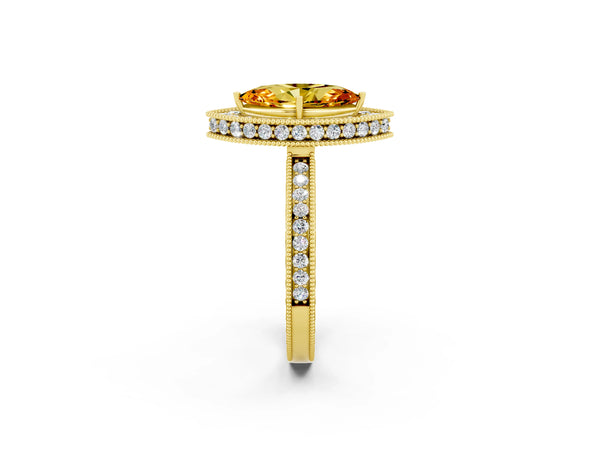 Yellow gold Marquise Cut Halo Diamond Engagement Ring with Milgrain Pave Band and Four-Prong Setting